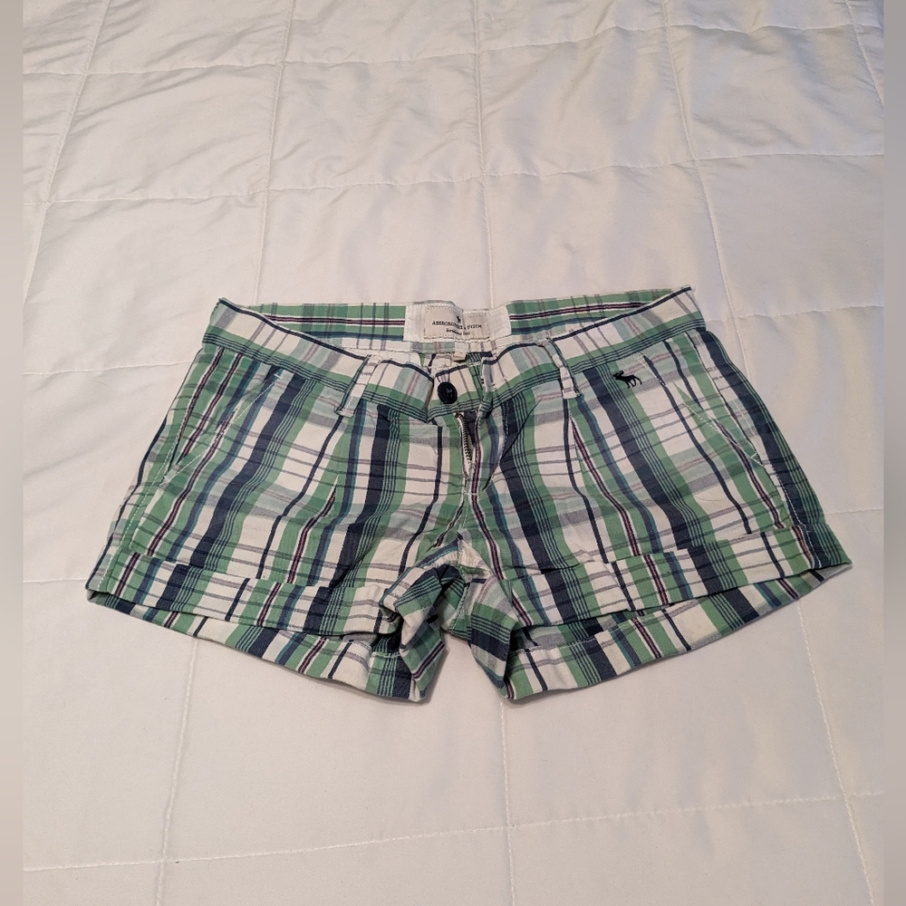 A&F Plaid Cuffed Shorts Blue Green White Cotton-Blend - Retro Y2K 2000s Summer